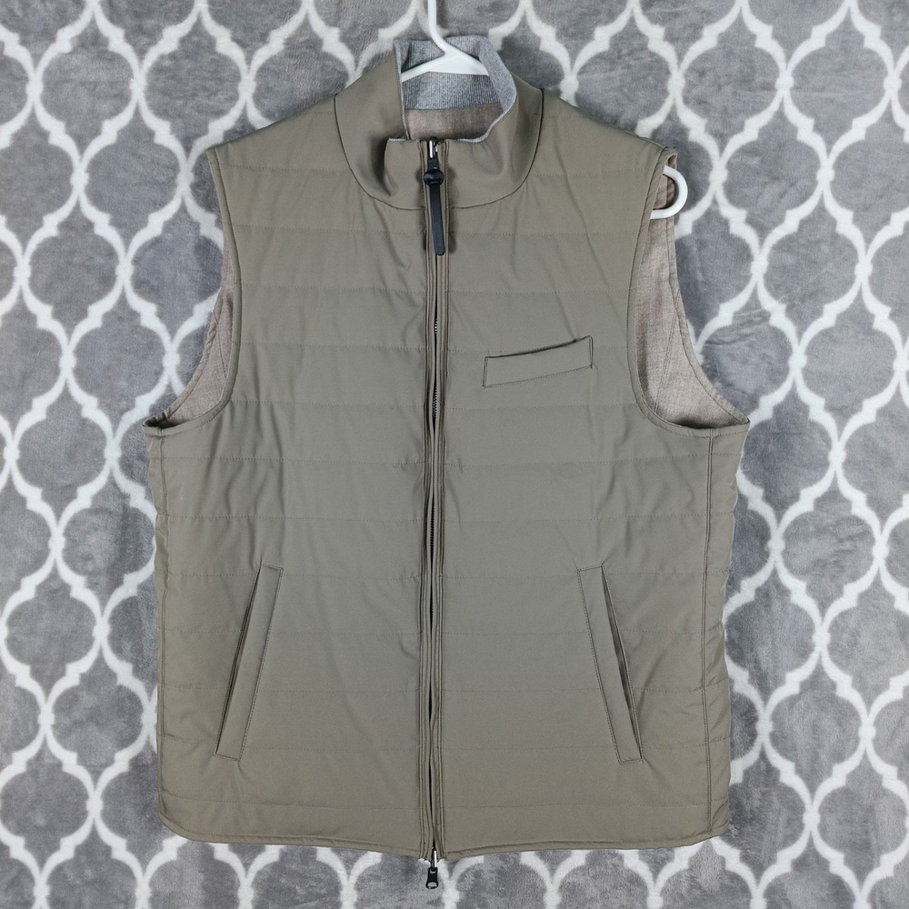 Thindown Down Vest Men Medium Gray Beige Reversible Full Zip Lightweight